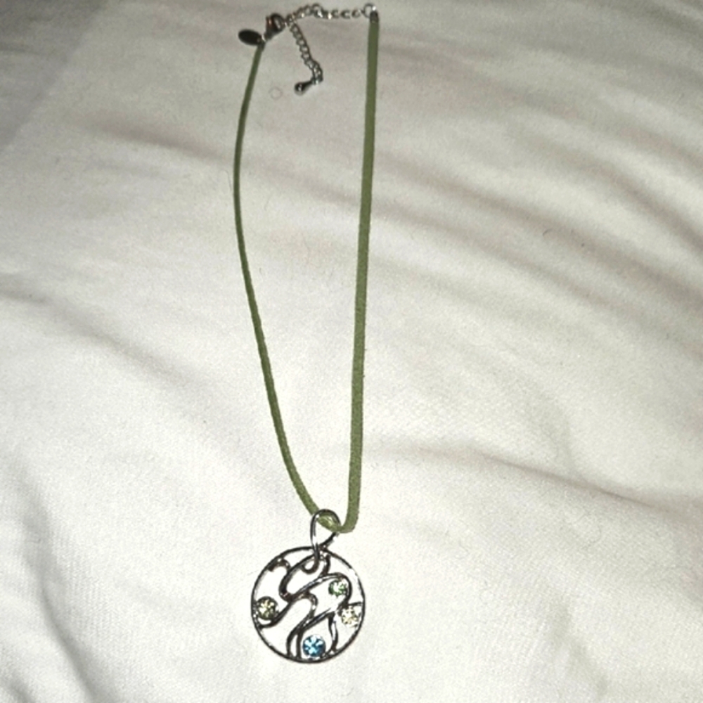 Lia Sophia Green Suede Corded Necklace with Multicolor Silver Tone Pendant Y2K